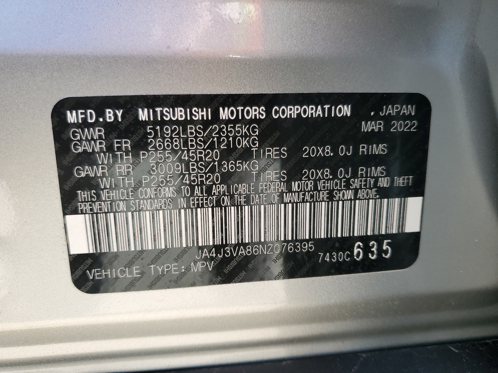 JA4J3VA86NZ076395 2022 Mitsubishi Outlander Sel