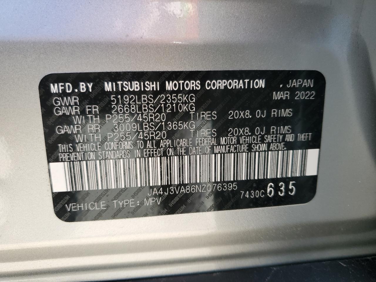 2022 Mitsubishi Outlander Sel VIN: JA4J3VA86NZ076395 Lot: 55519874