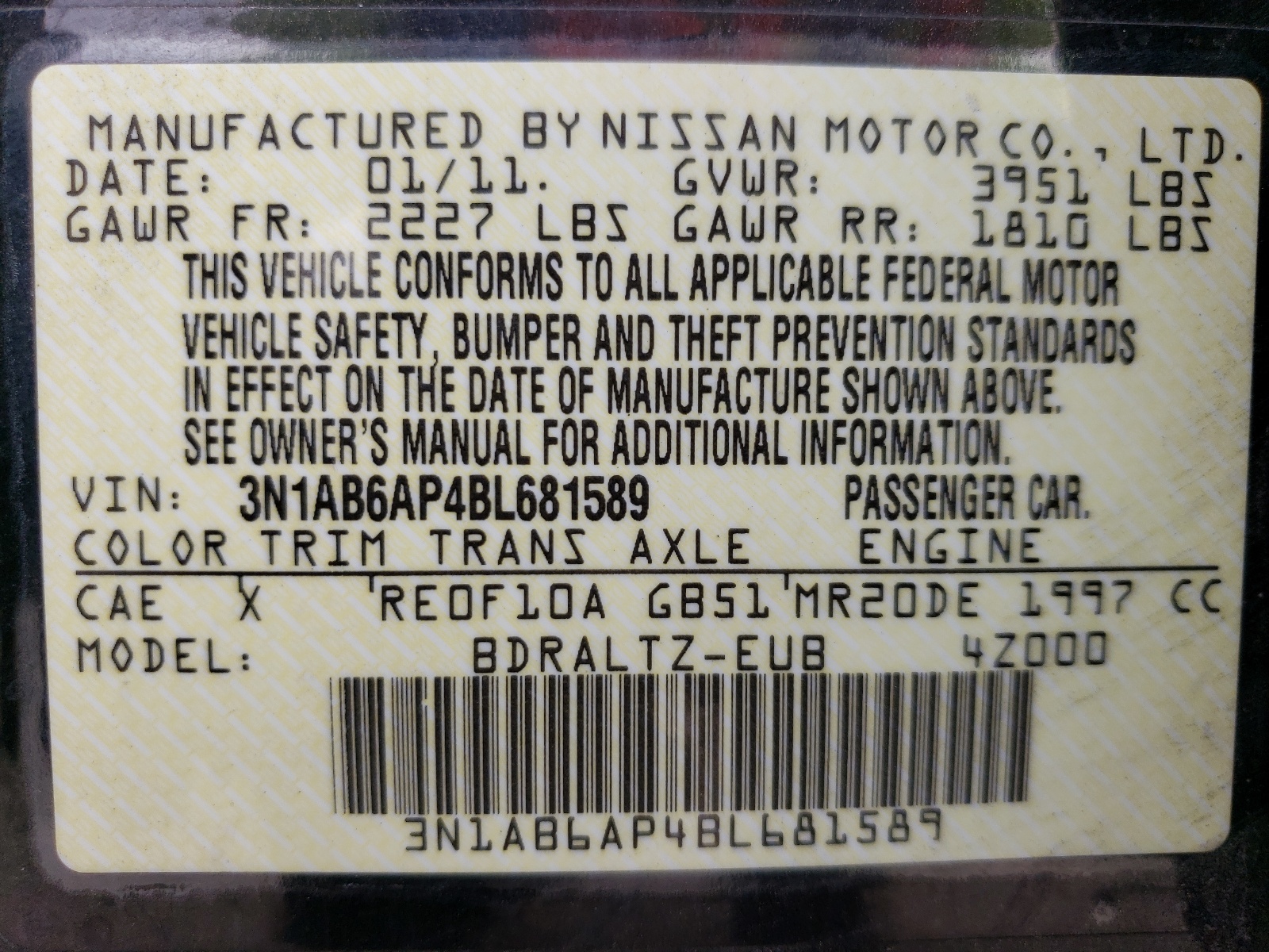 3N1AB6AP4BL681589 2011 Nissan Sentra 2.0