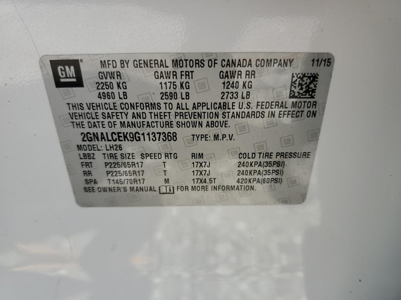 2GNALCEK9G1137368 2016 Chevrolet Equinox Lt