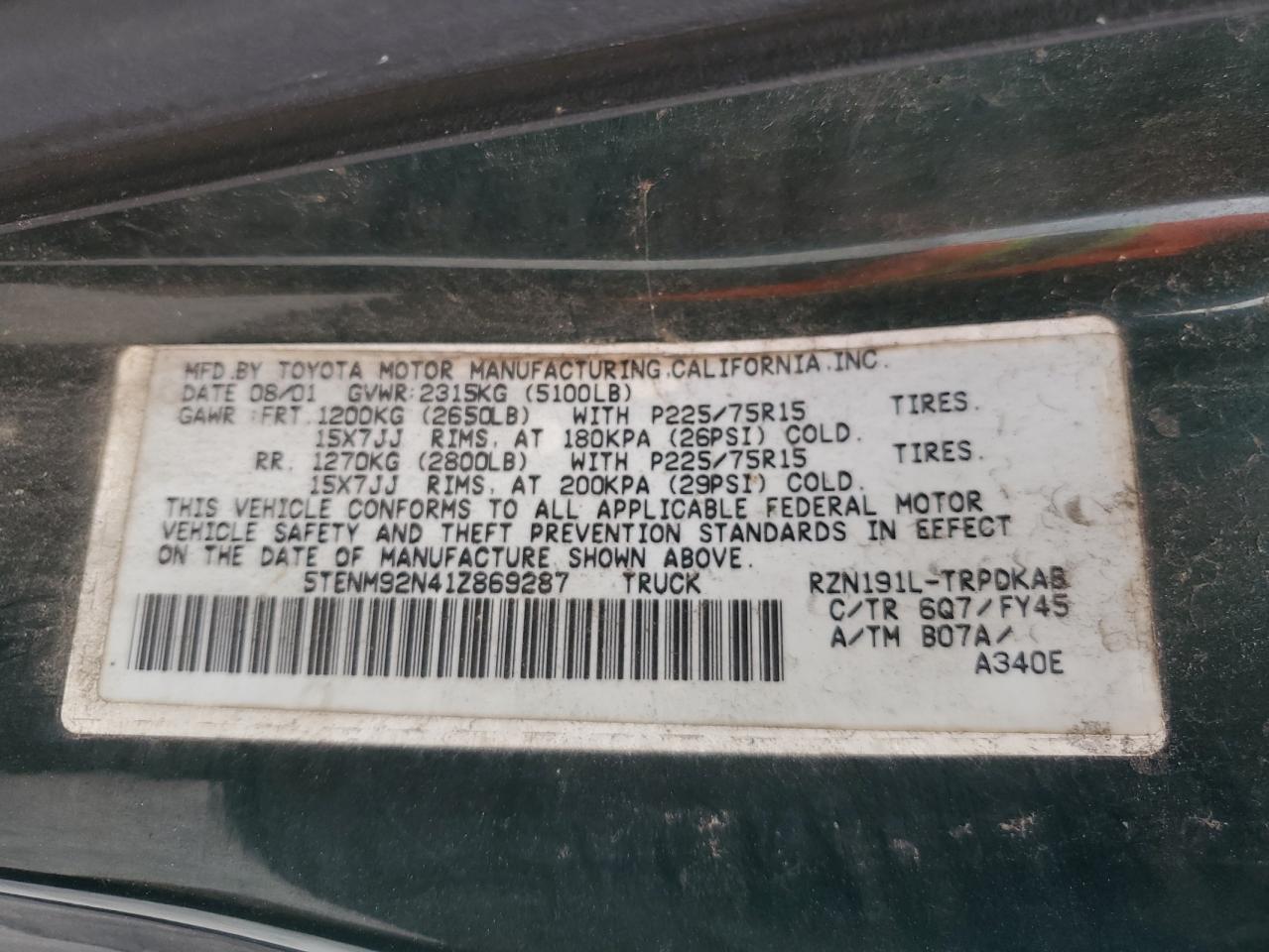 2001 Toyota Tacoma Prerunner VIN: 5TENM92N41Z869287 Lot: 55859034