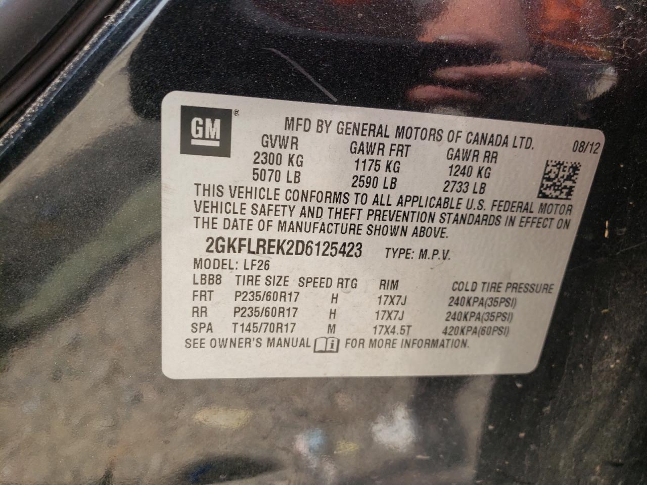 2013 GMC Terrain Sle VIN: 2GKFLREK2D6125423 Lot: 54520824