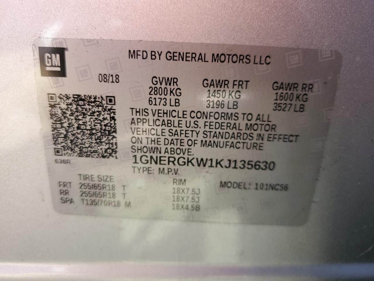 2019 Chevrolet Traverse Lt VIN: 1GNERGKW1KJ135630 Lot: 53111484