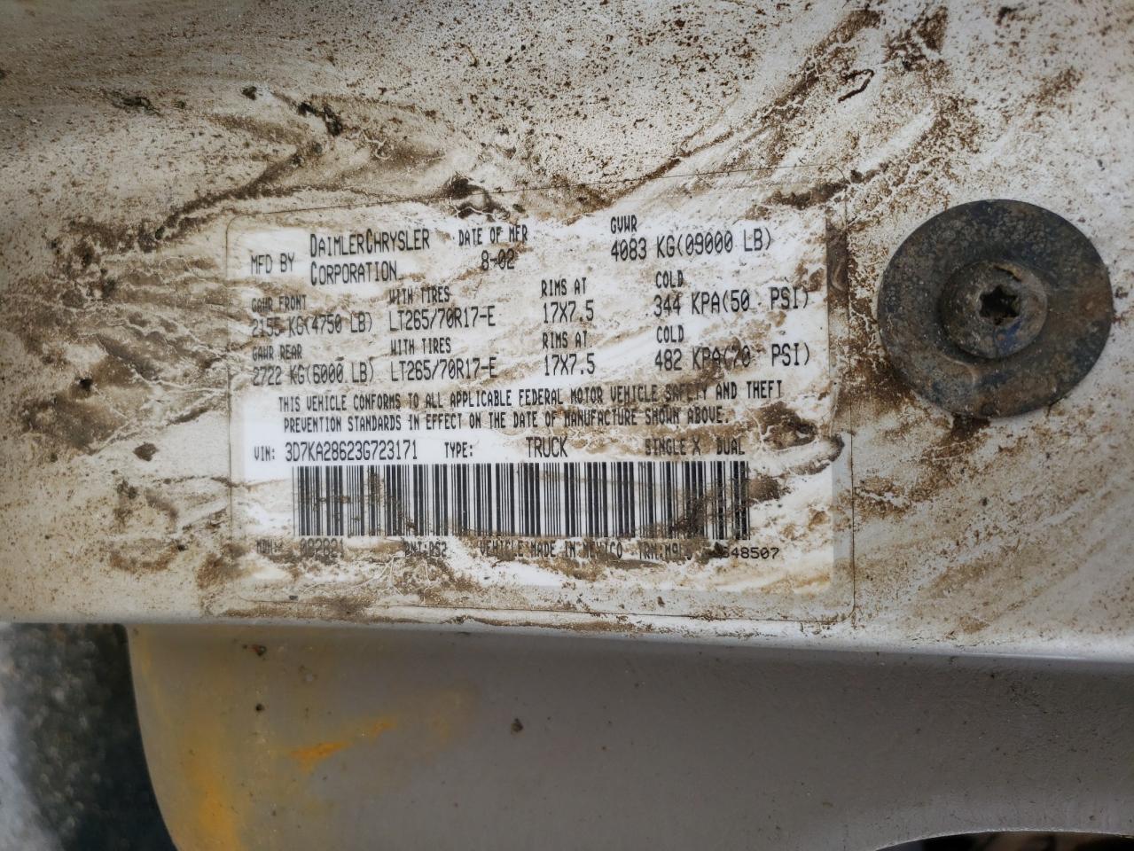 2003 Dodge Ram 2500 St VIN: 3D7KA28623G723171 Lot: 53497774