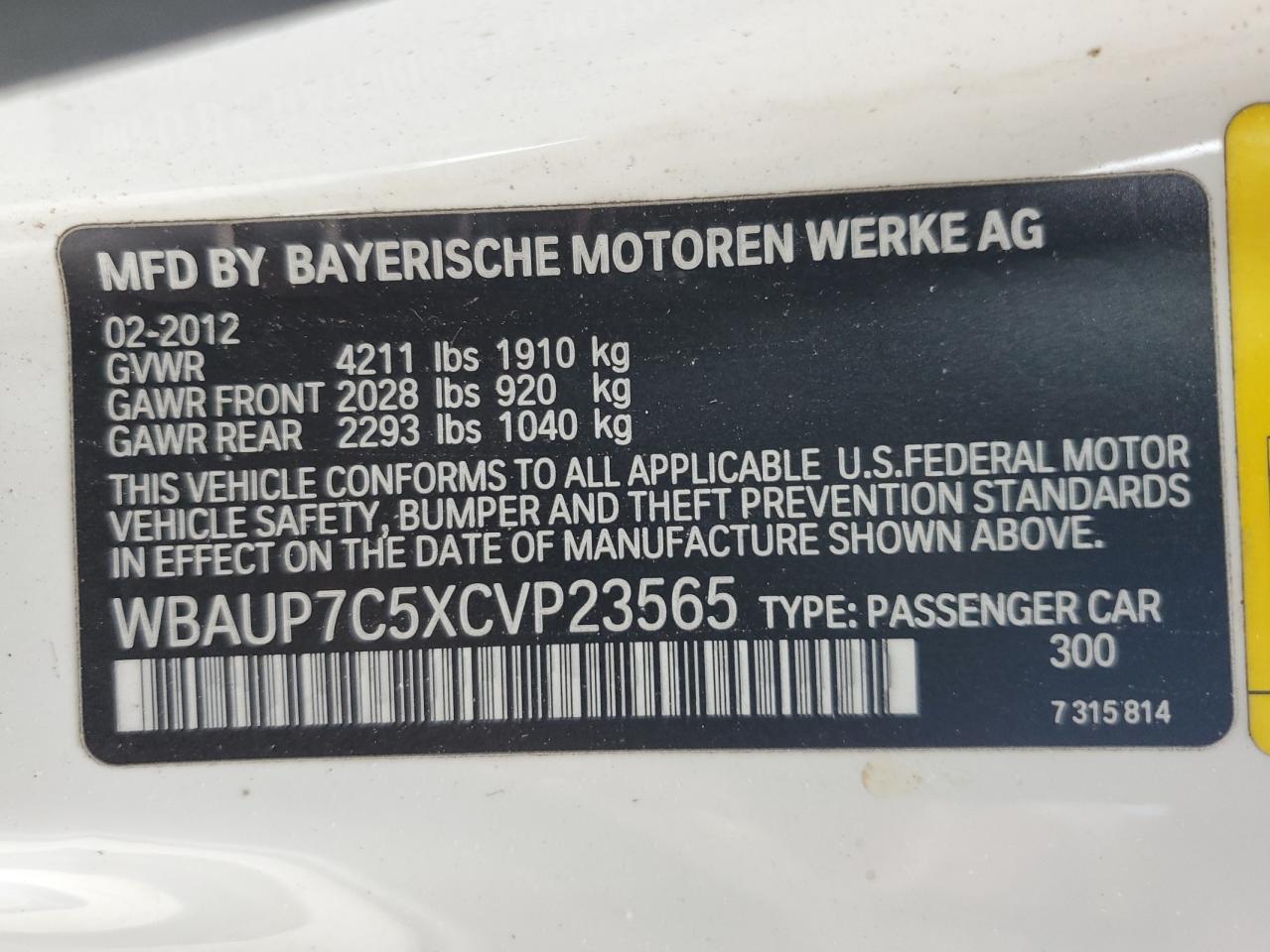 WBAUP7C5XCVP23565 2012 BMW 128 I