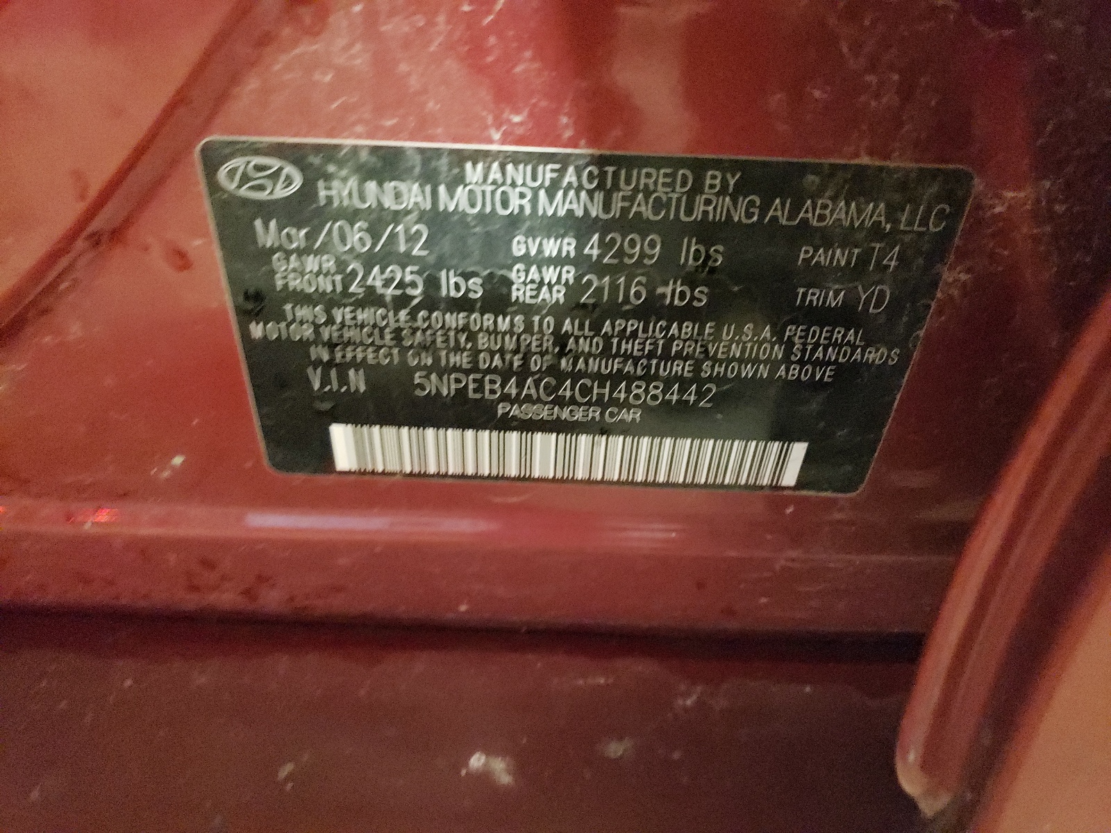 5NPEB4AC4CH488442 2012 Hyundai Sonata Gls