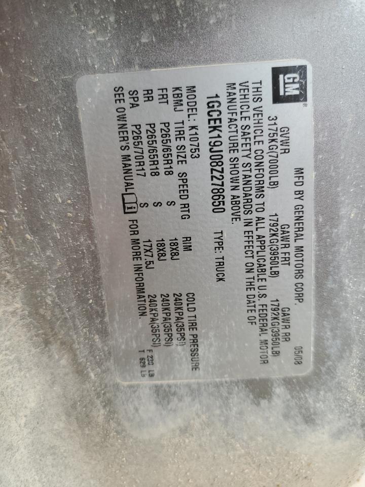 2008 Chevrolet Silverado K1500 VIN: 1GCEK19J08Z278650 Lot: 57036354