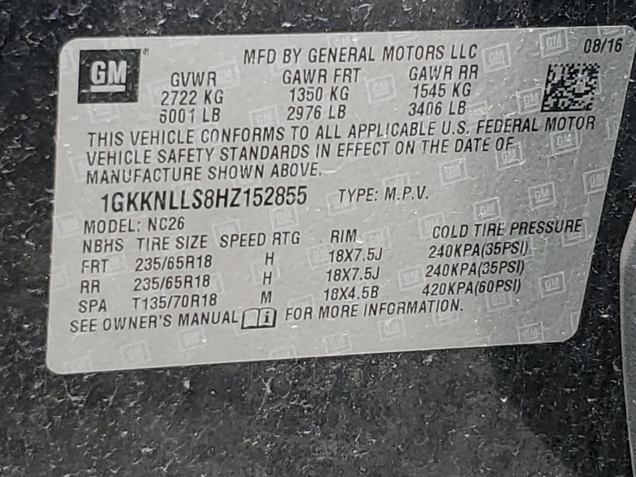 2017 GMC Acadia Sle VIN: 1GKKNLLS8HZ152855 Lot: 60327774