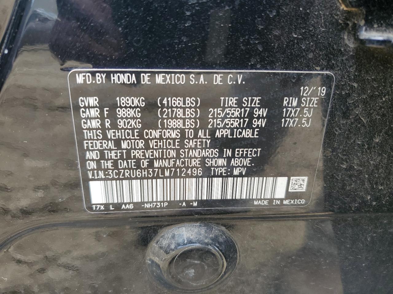 2020 Honda Hr-V Lx VIN: 3CZRU6H37LM712496 Lot: 54127024