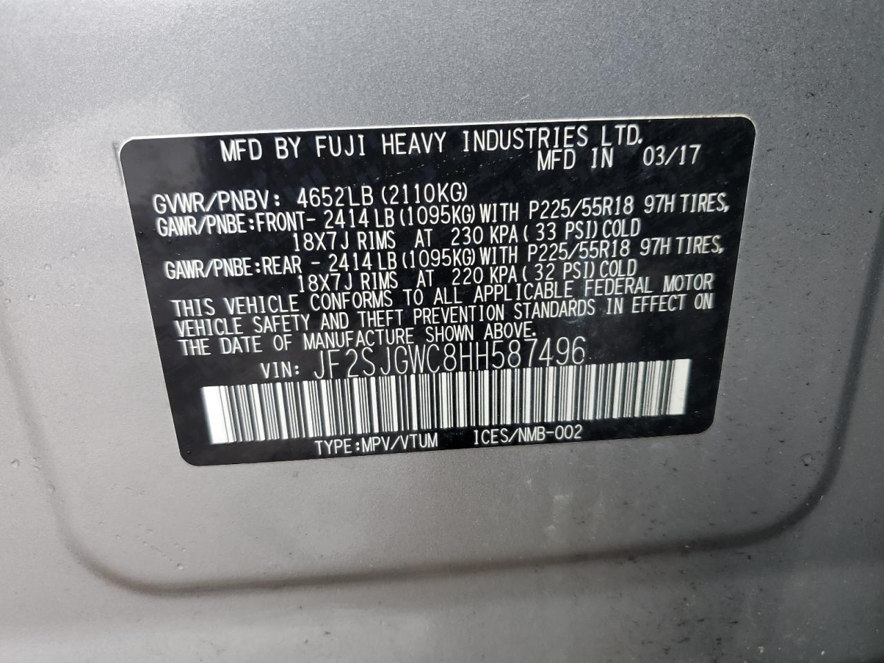 2017 Subaru Forester 2.0Xt Touring VIN: JF2SJGWC8HH587496 Lot: 54887544