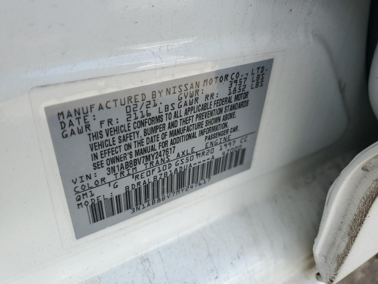 3N1AB8BV7MY247617 2021 Nissan Sentra S 3N1AB8BV7MY247617 2021 Nissan Sentra S