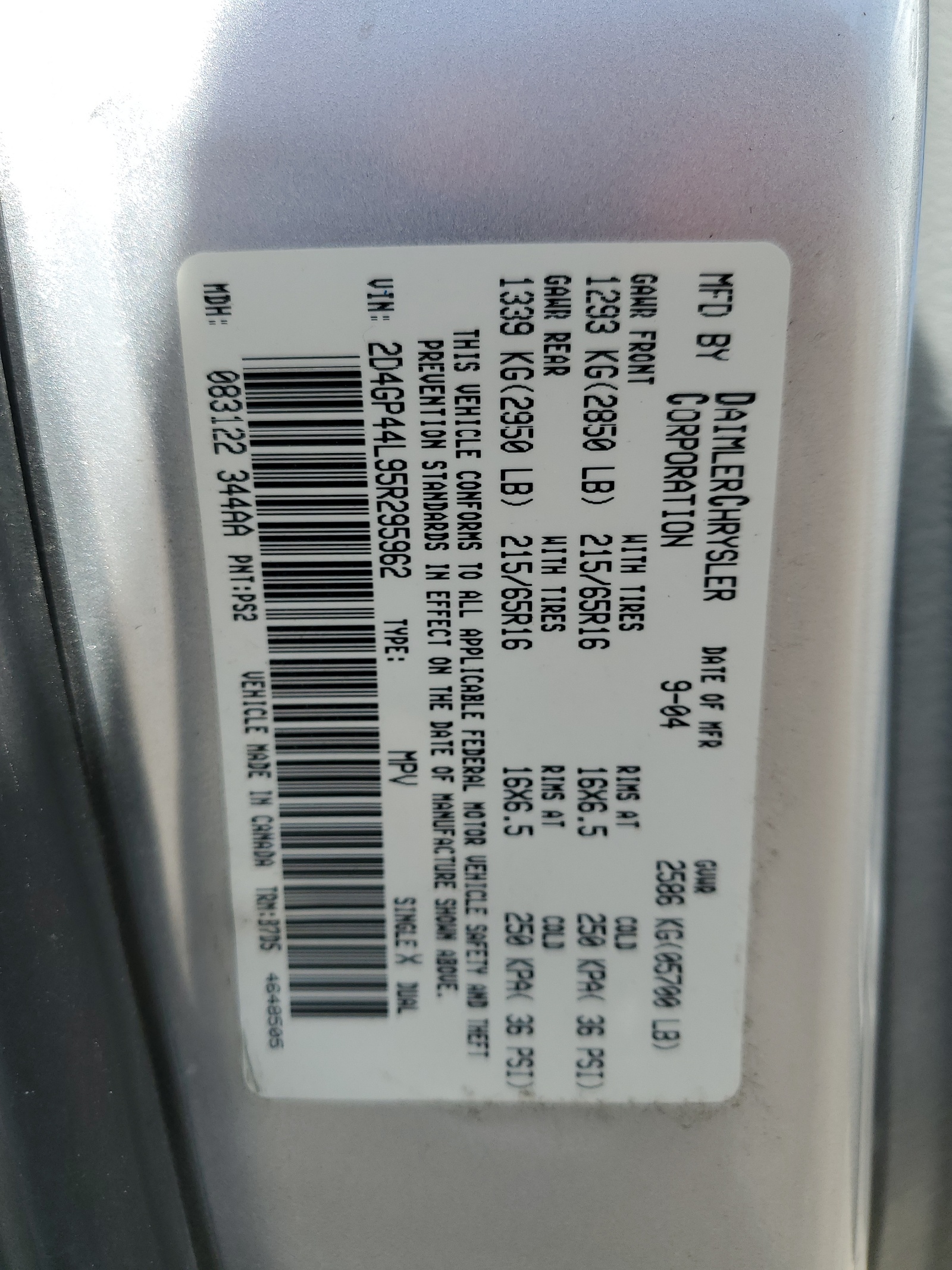 2D4GP44L95R295962 2005 Dodge Grand Caravan Sxt