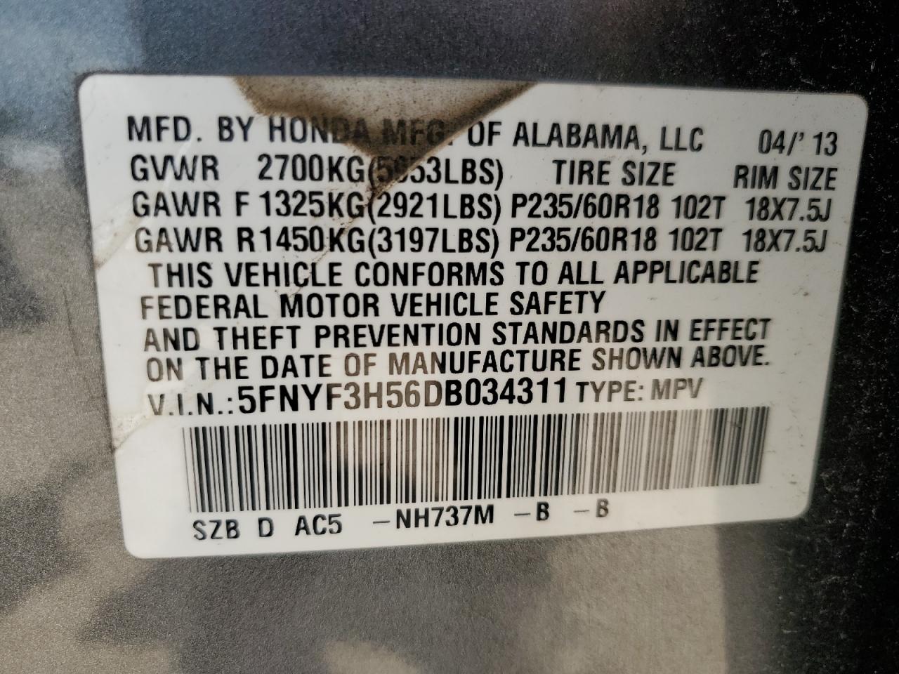 2013 Honda Pilot Exl VIN: 5FNYF3H56DB034311 Lot: 57143244
