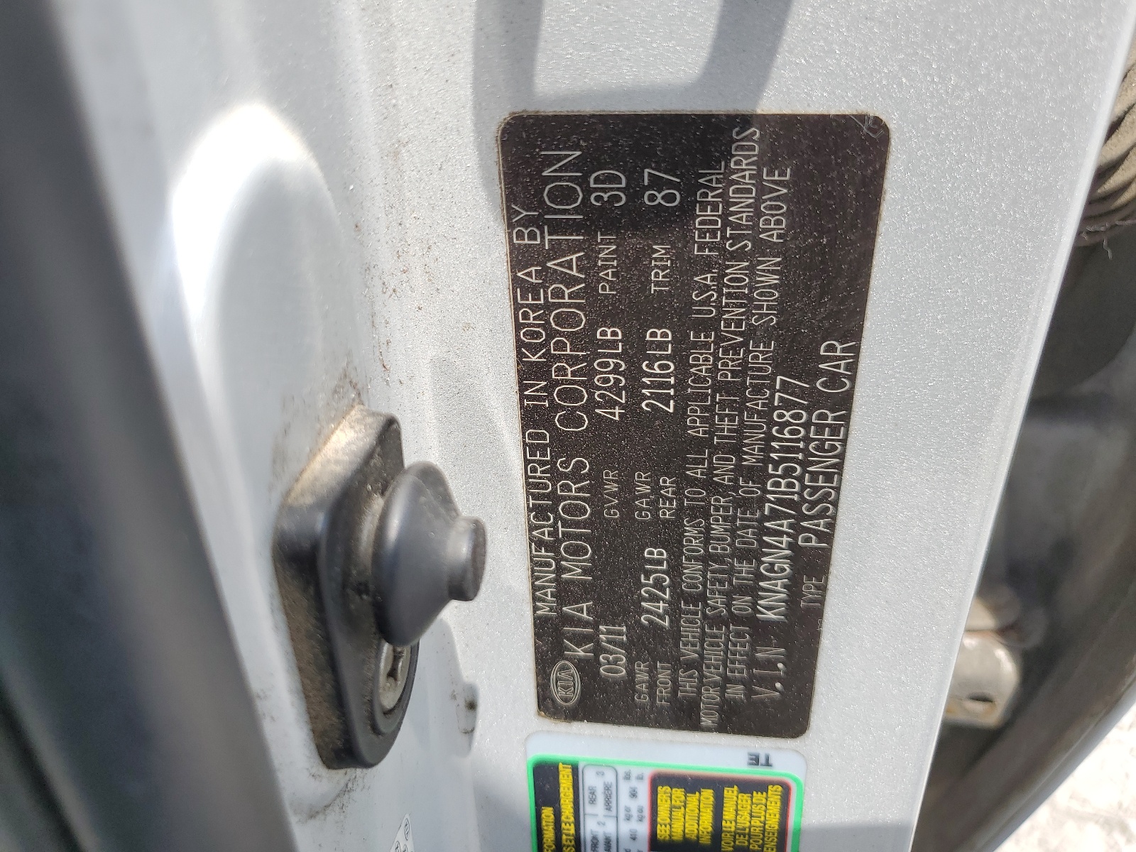 KNAGN4A71B5116877 2011 Kia Optima Ex