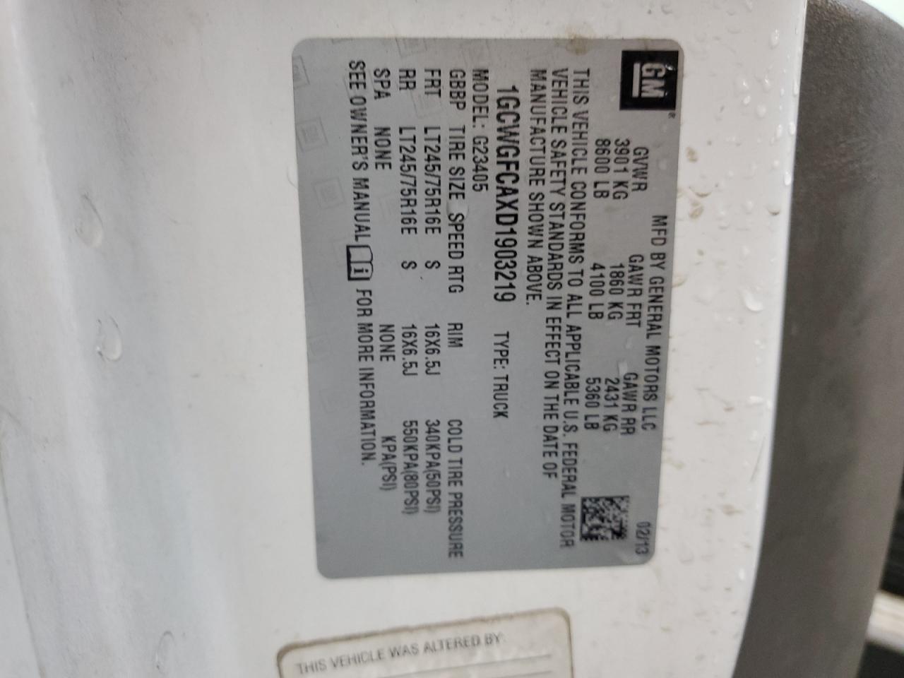 2013 Chevrolet Express G2500 VIN: 1GCWGFCAXD1903219 Lot: 53153754