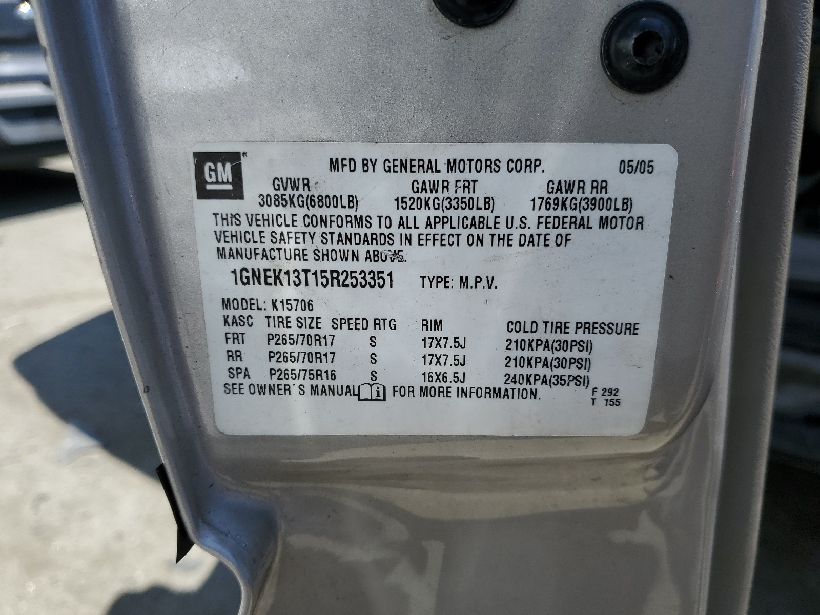 1GNEK13T15R253351 2005 Chevrolet Tahoe K1500