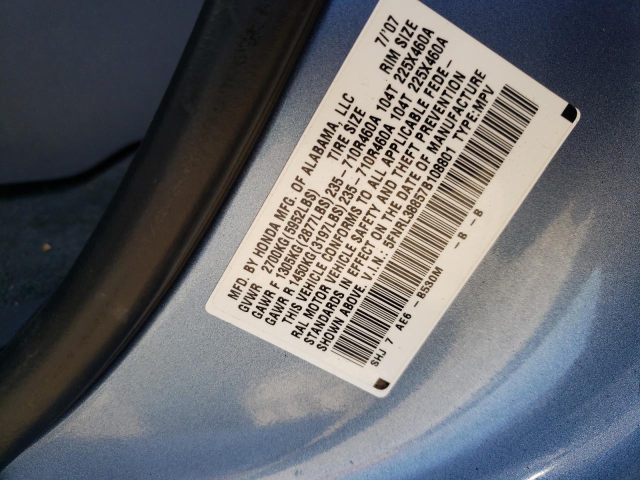 5FNRL38857B108801 2007 Honda Odyssey Touring