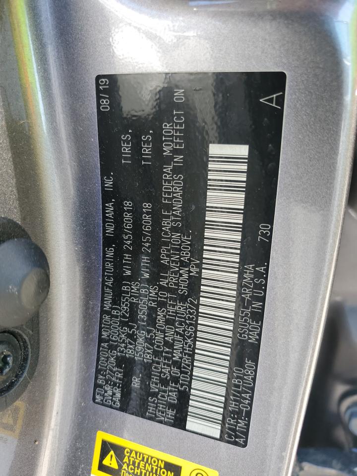 2019 Toyota Highlander Se VIN: 5TDJZRFH5KS613372 Lot: 55813034