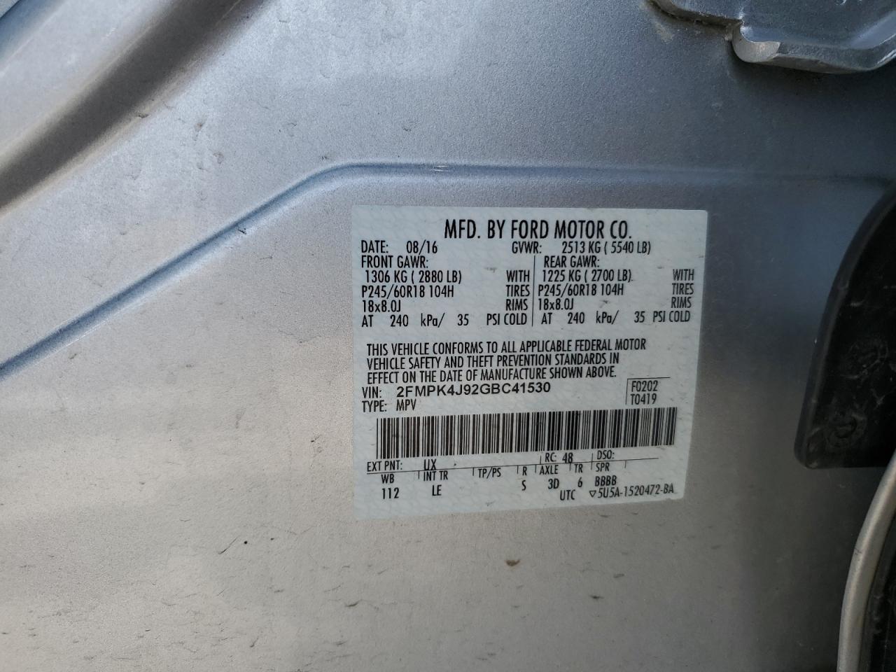 2016 Ford Edge Sel VIN: 2FMPK4J92GBC41530 Lot: 55845874