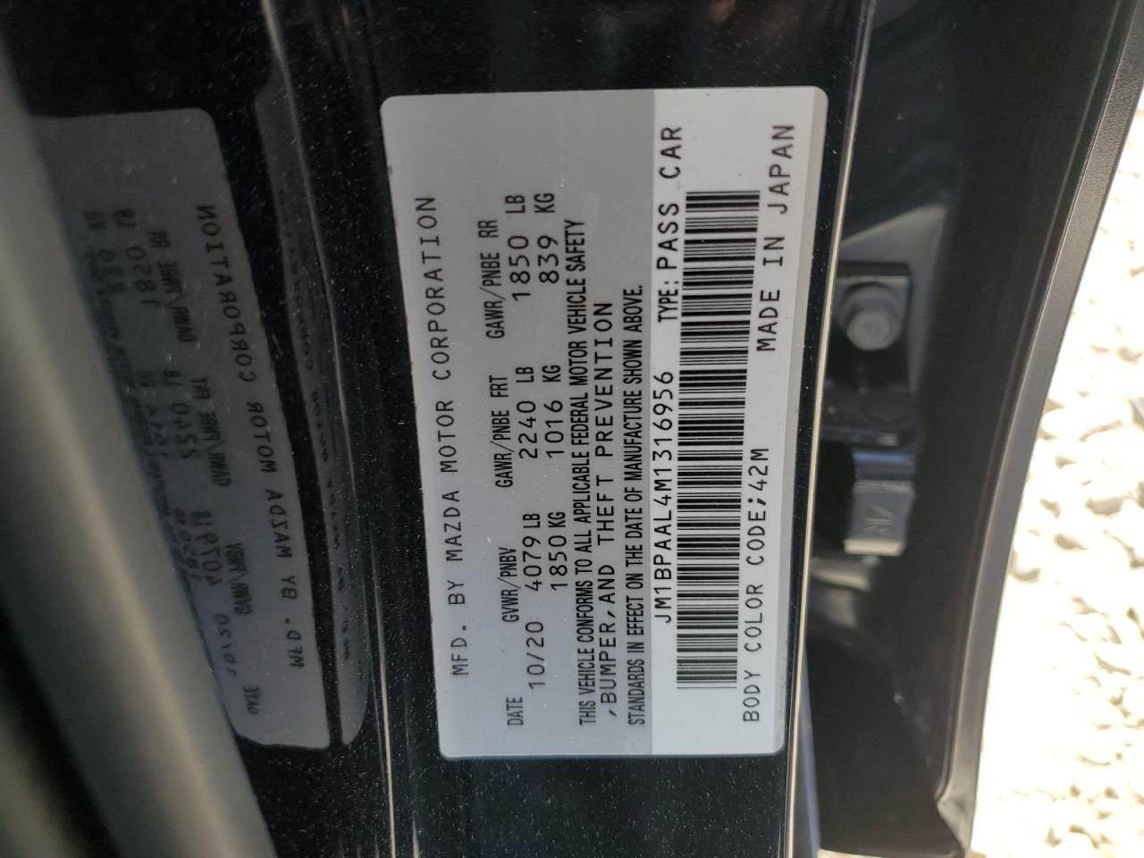 2021 Mazda 3 VIN: JM1BPAAL4M1316956 Lot: 55166024