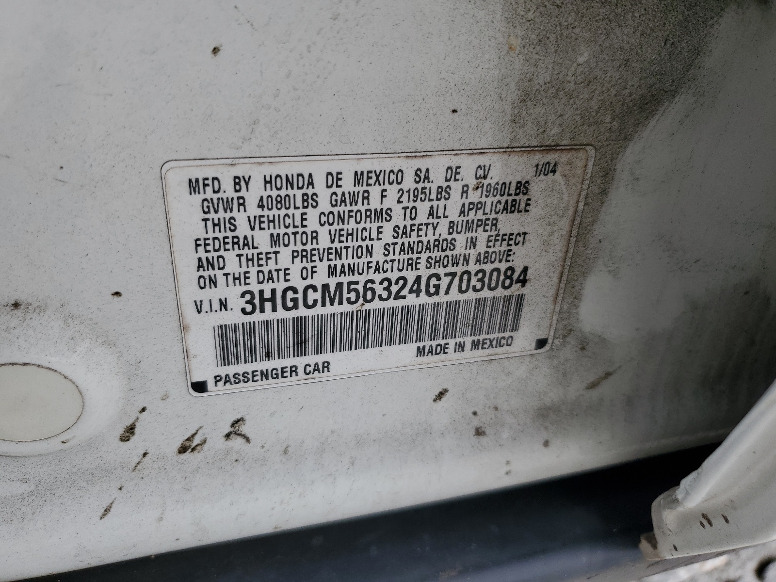 3HGCM56324G703084 2004 Honda Accord Lx