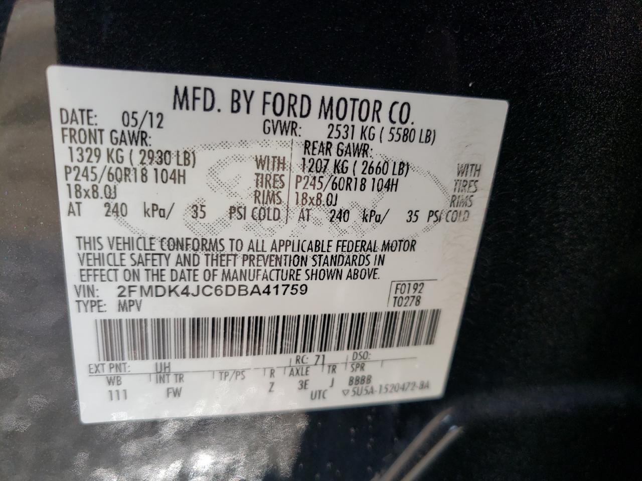 2013 Ford Edge Sel VIN: 2FMDK4JC6DBA41759 Lot: 52563264