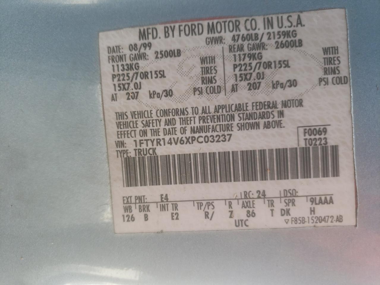 1999 Ford Ranger Super Cab VIN: 1FTYR14V6XPC03237 Lot: 54819984