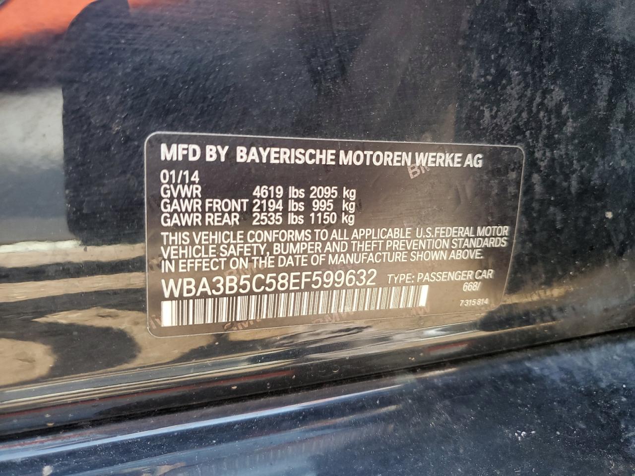 2014 BMW 328 Xi Sulev VIN: WBA3B5C58EF599632 Lot: 54750294