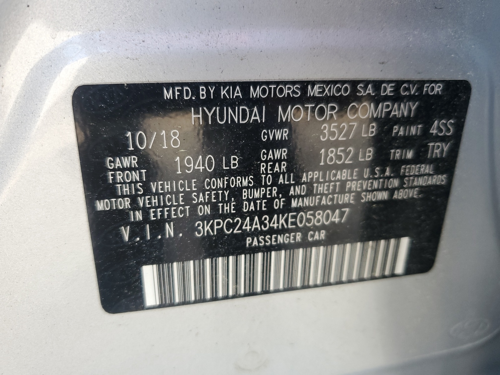 3KPC24A34KE058047 2019 Hyundai Accent Se