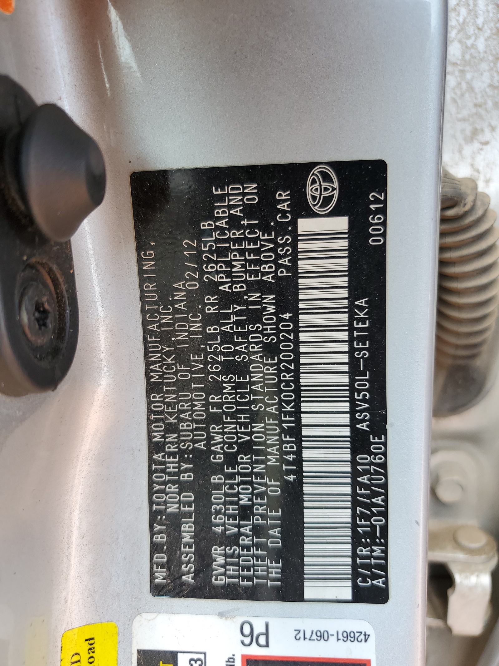 4T4BF1FK0CR200204 2012 Toyota Camry Base