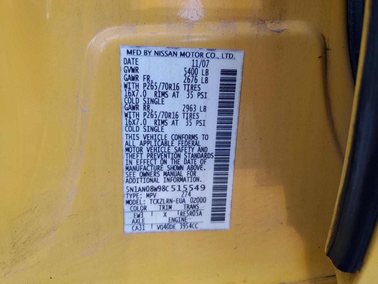 2008 Nissan Xterra Off Road VIN: 5N1AN08W98C515549 Lot: 56047204