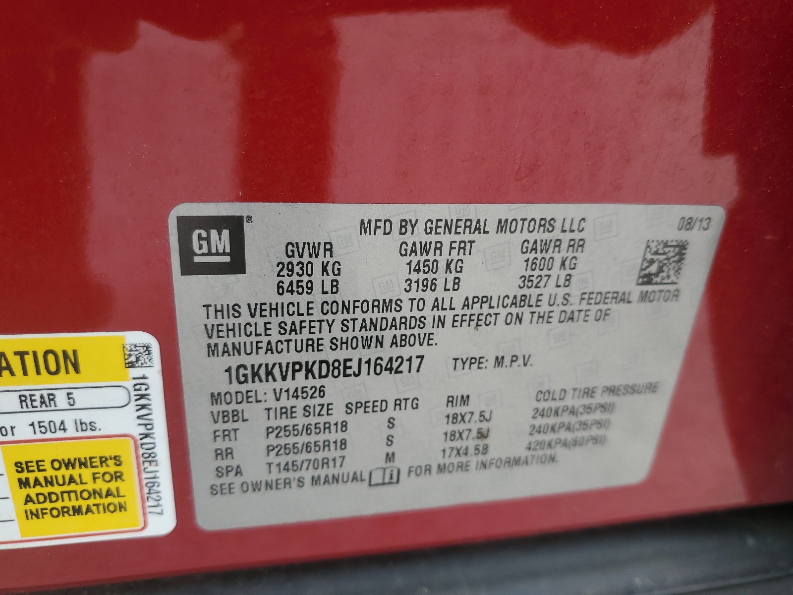 1GKKVPKD8EJ164217 2014 GMC Acadia Sle