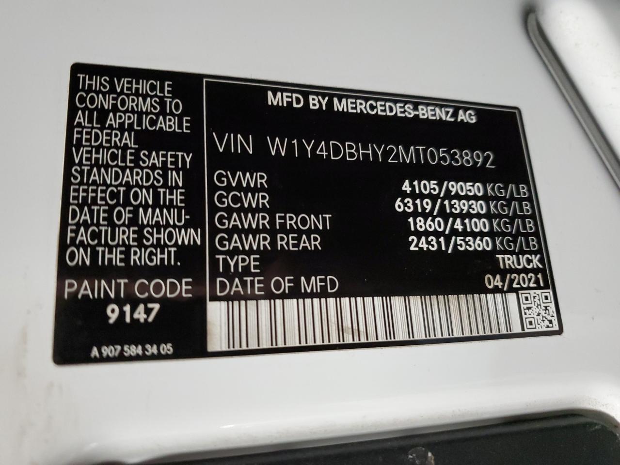 2021 Mercedes-Benz Sprinter 2500 VIN: W1Y4DBHY2MT053892 Lot: 66014504