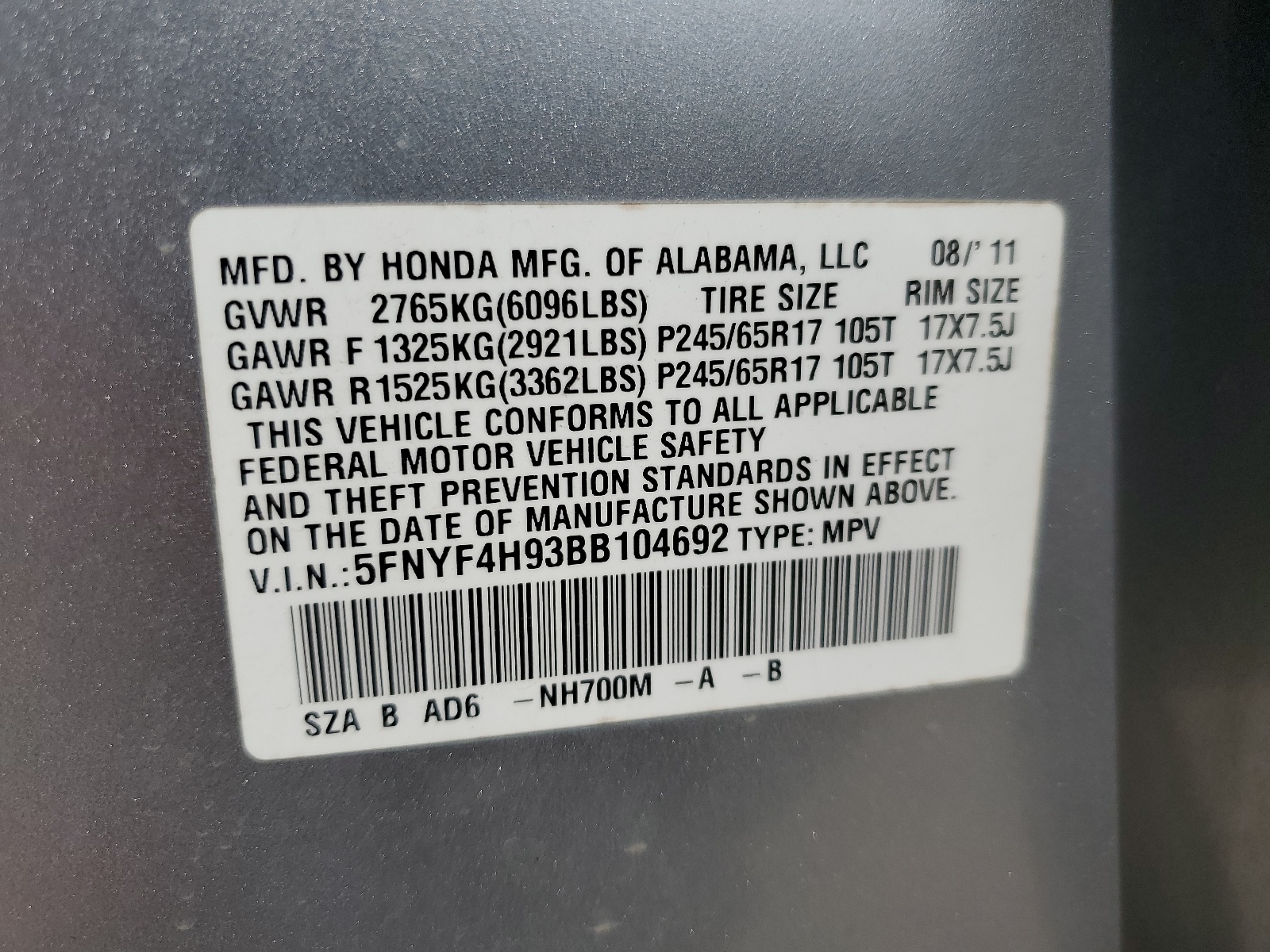5FNYF4H93BB104692 2011 Honda Pilot Touring