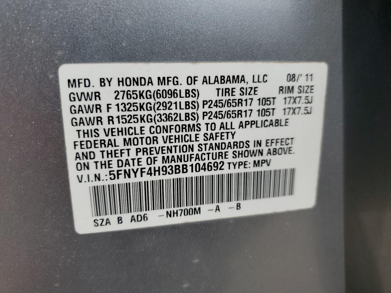 2011 Honda Pilot Touring VIN: 5FNYF4H93BB104692 Lot: 56134724