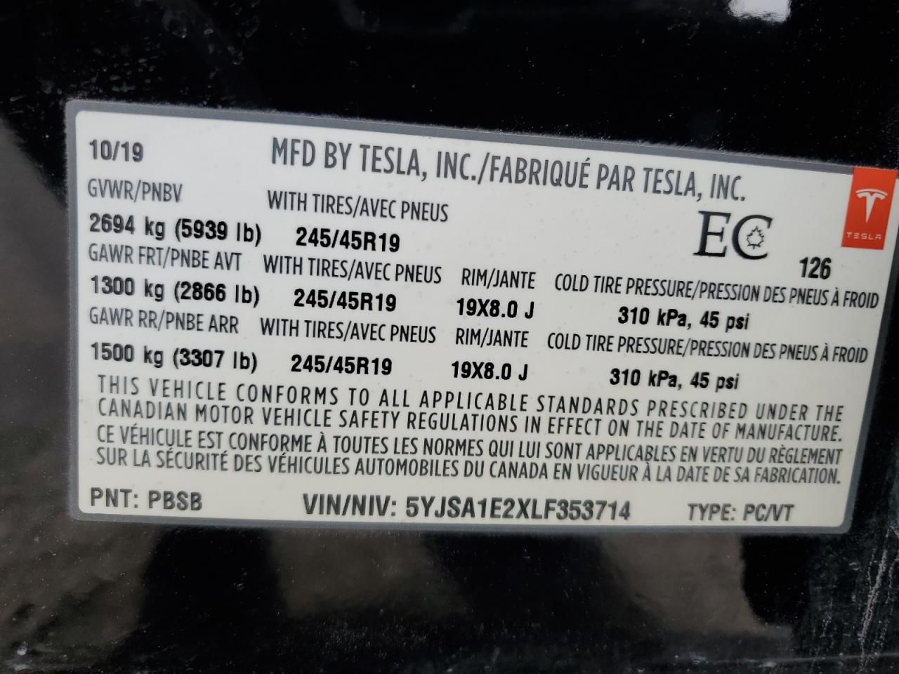 5YJSA1E2XLF353714 2020 Tesla Model S