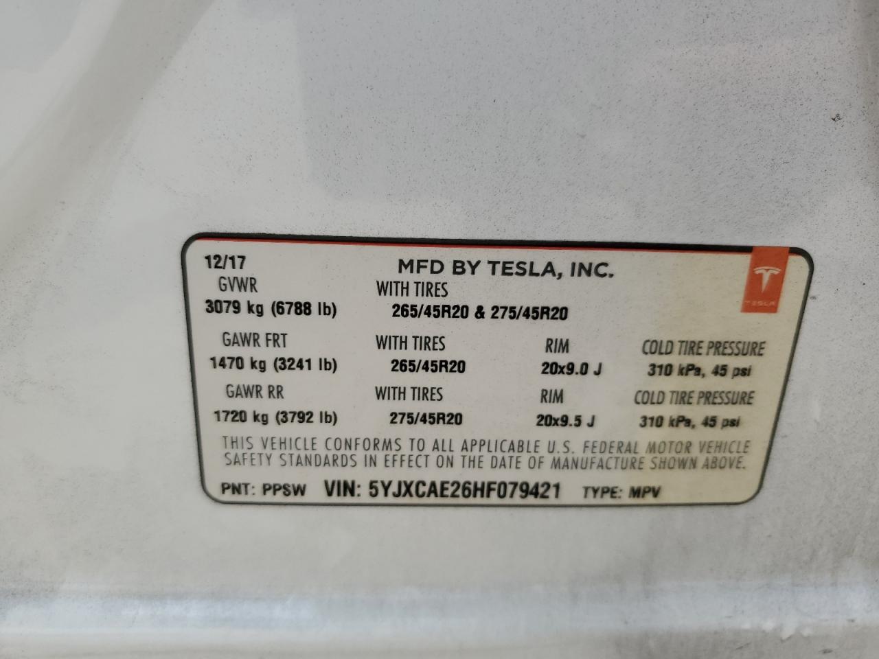 5YJXCAE26HF079421 2017 Tesla Model X