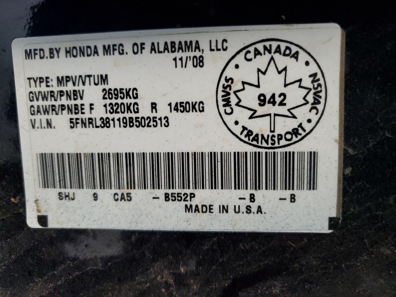 2009 Honda Odyssey Lx VIN: 5FNRL38119B502513 Lot: 54886984