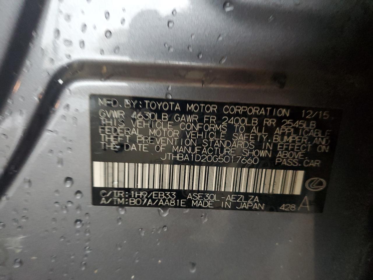 2016 Lexus Is 200T VIN: JTHBA1D20G5017660 Lot: 54290664