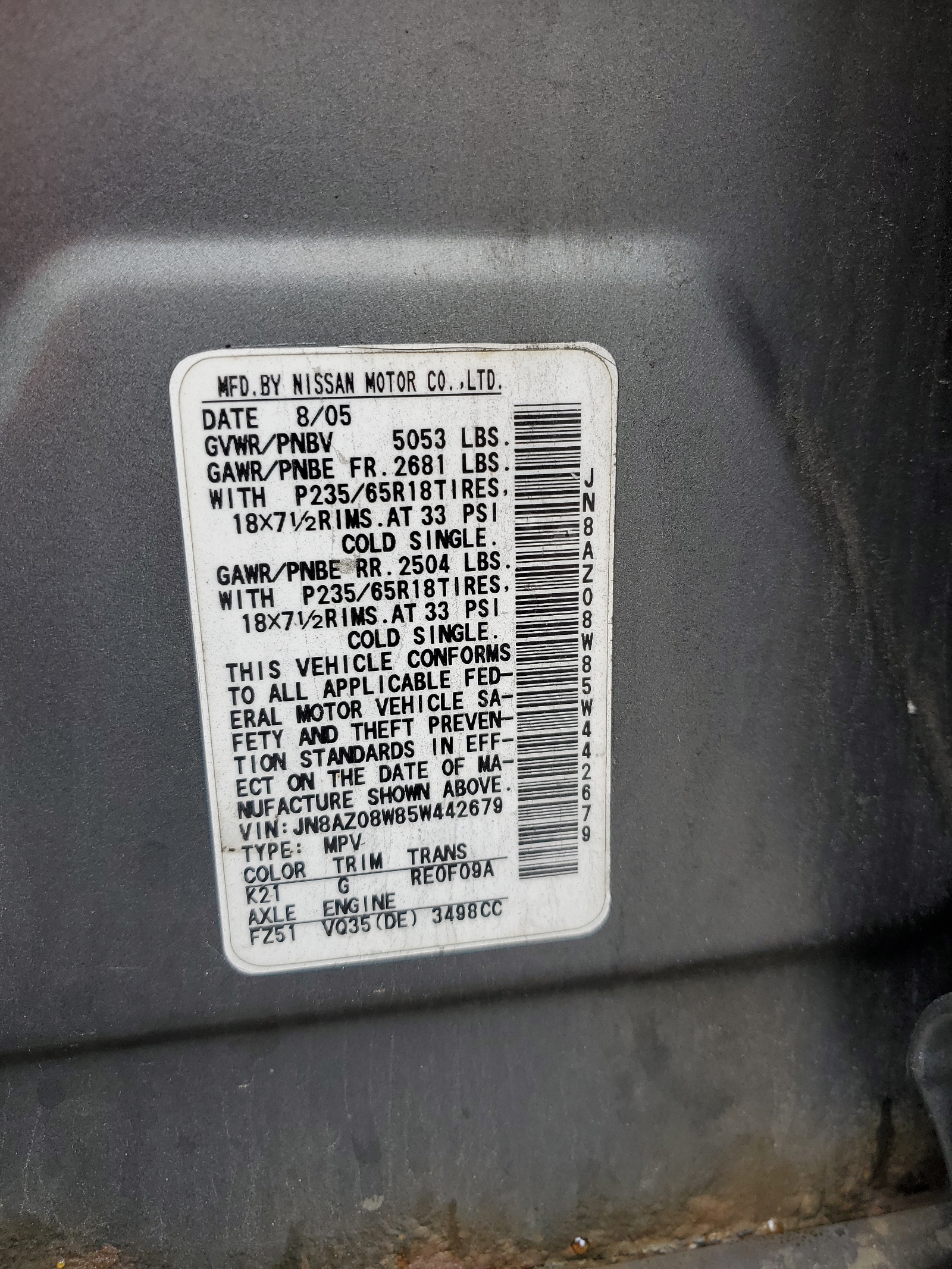 JN8AZ08W85W442679 2005 Nissan Murano Sl