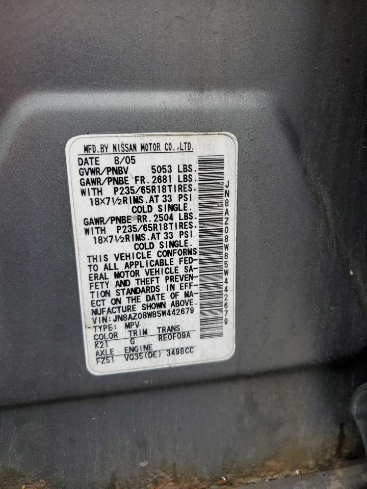 2005 Nissan Murano Sl VIN: JN8AZ08W85W442679 Lot: 55504544