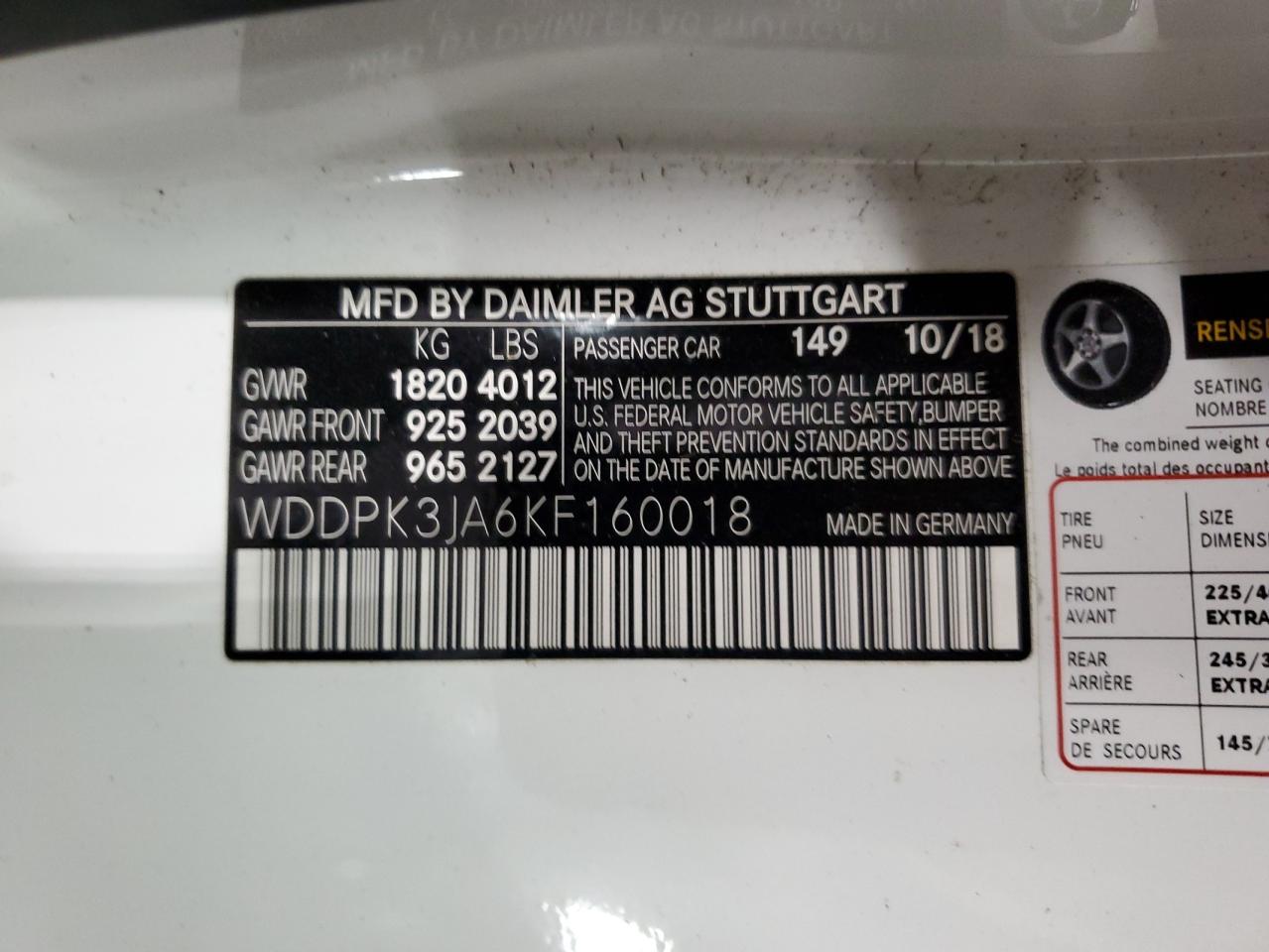 2019 Mercedes-Benz Slc 300 VIN: WDDPK3JA6KF160018 Lot: 54017724