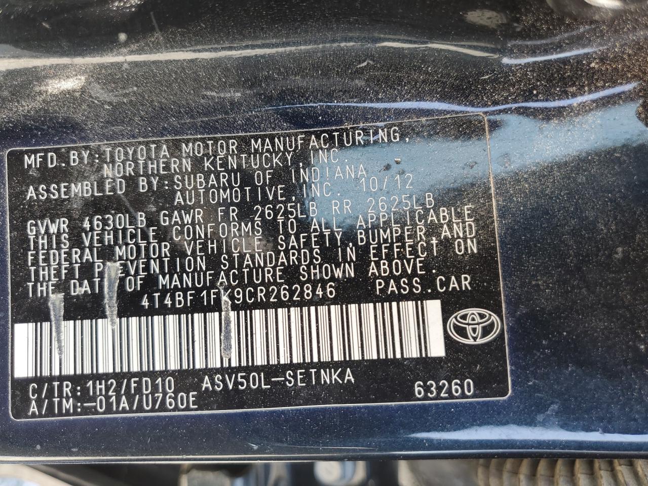 4T4BF1FK9CR262846 2012 Toyota Camry Base