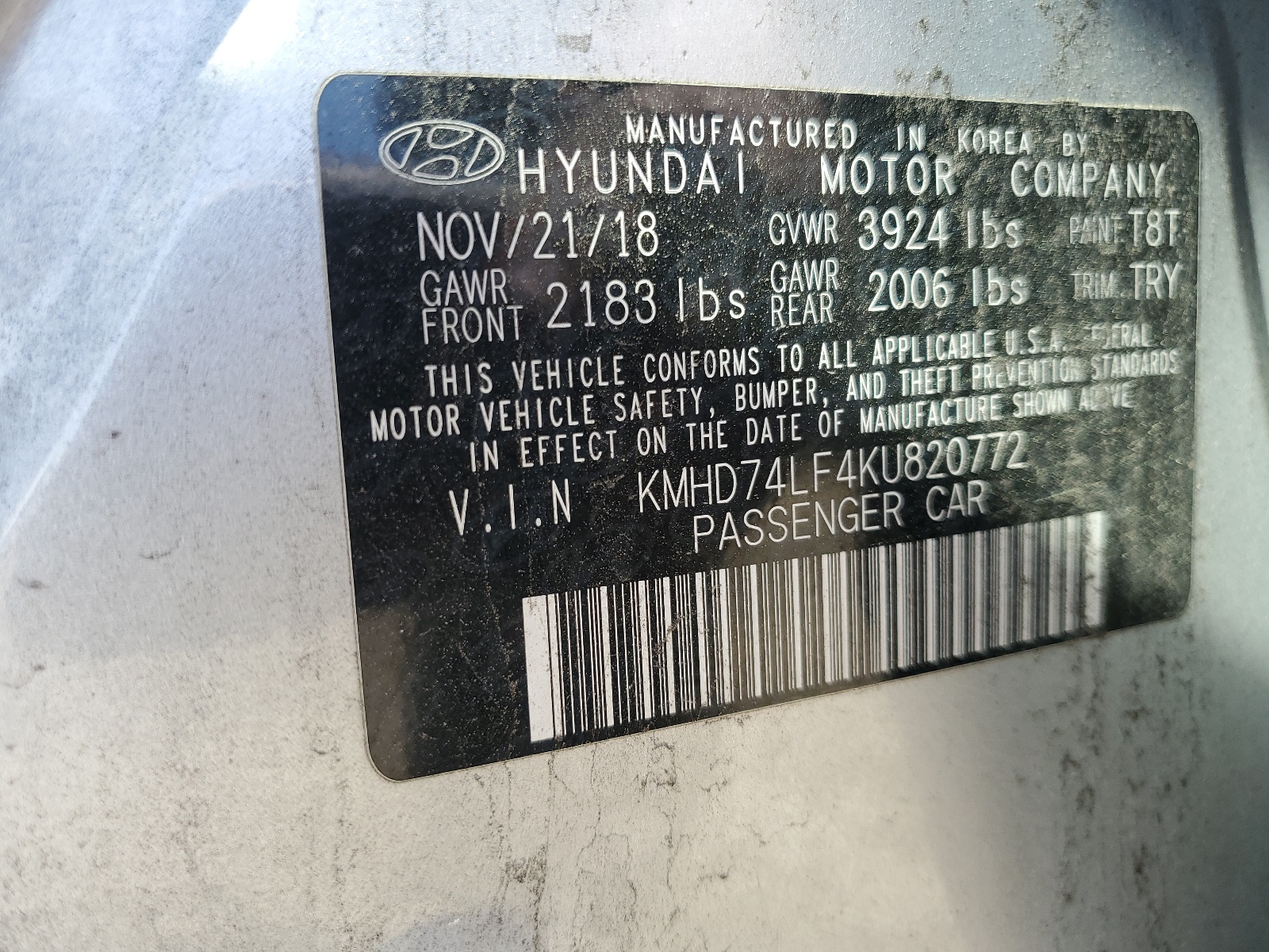 2019 Hyundai Elantra Se vin: KMHD74LF4KU820772