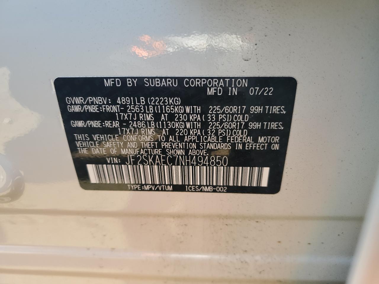 2022 Subaru Forester Premium VIN: JF2SKAEC7NH494850 Lot: 53706344