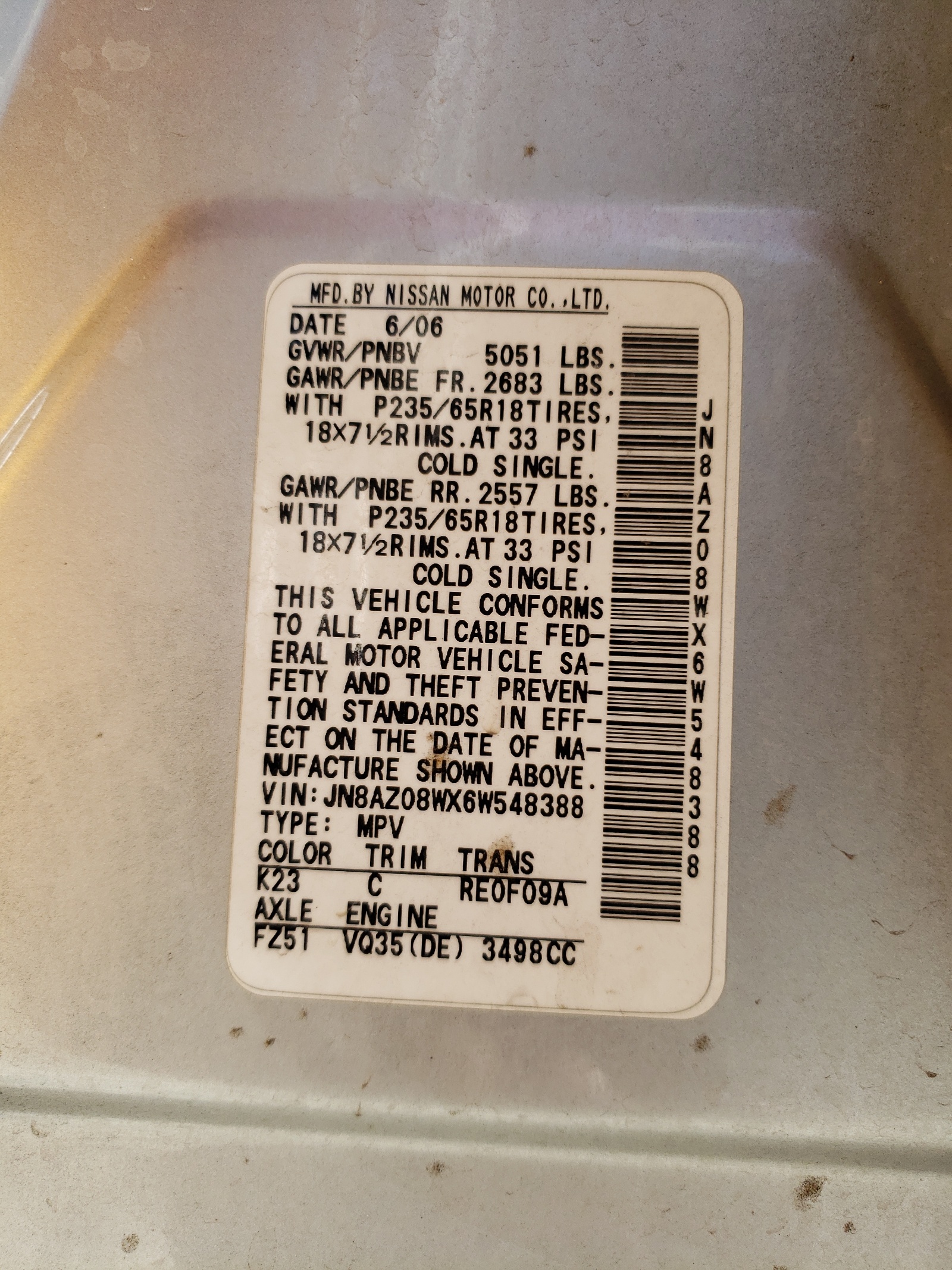 JN8AZ08WX6W548388 2006 Nissan Murano Sl