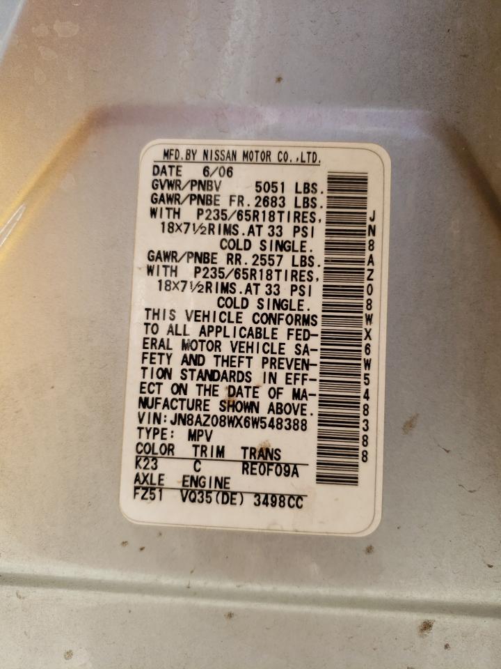 2006 Nissan Murano Sl VIN: JN8AZ08WX6W548388 Lot: 56841994