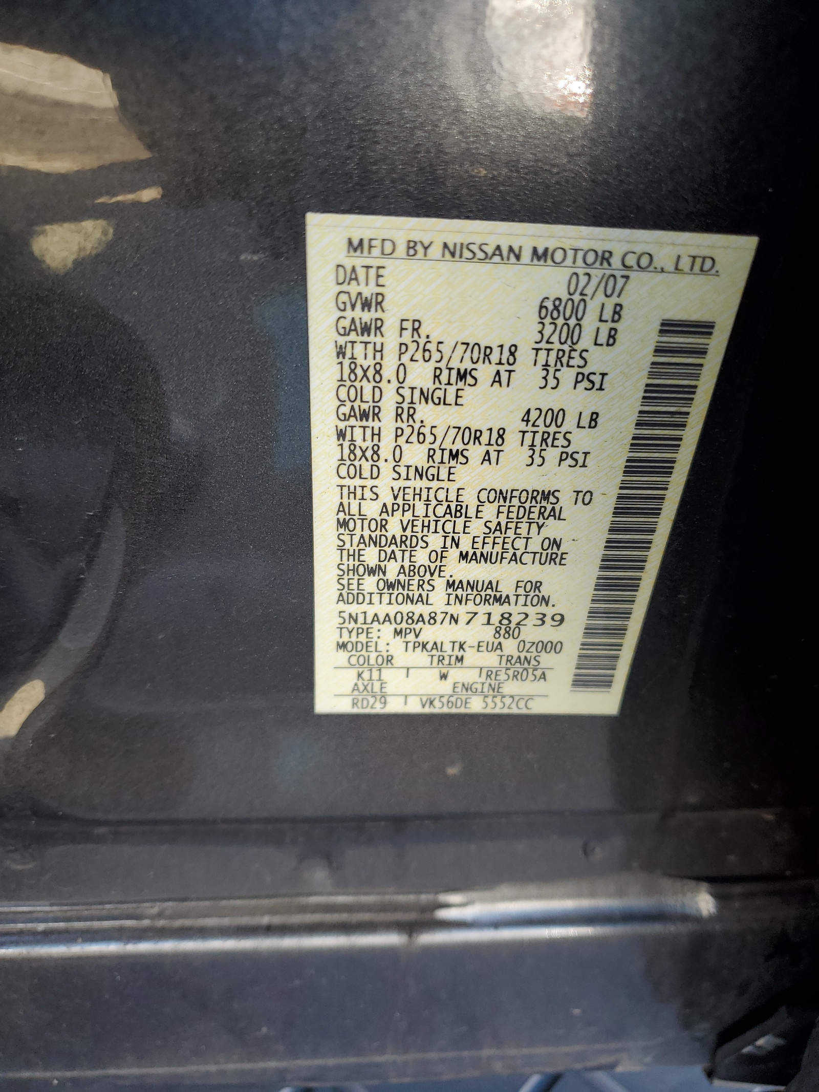 5N1AA08A87N718239 2007 Nissan Armada Se