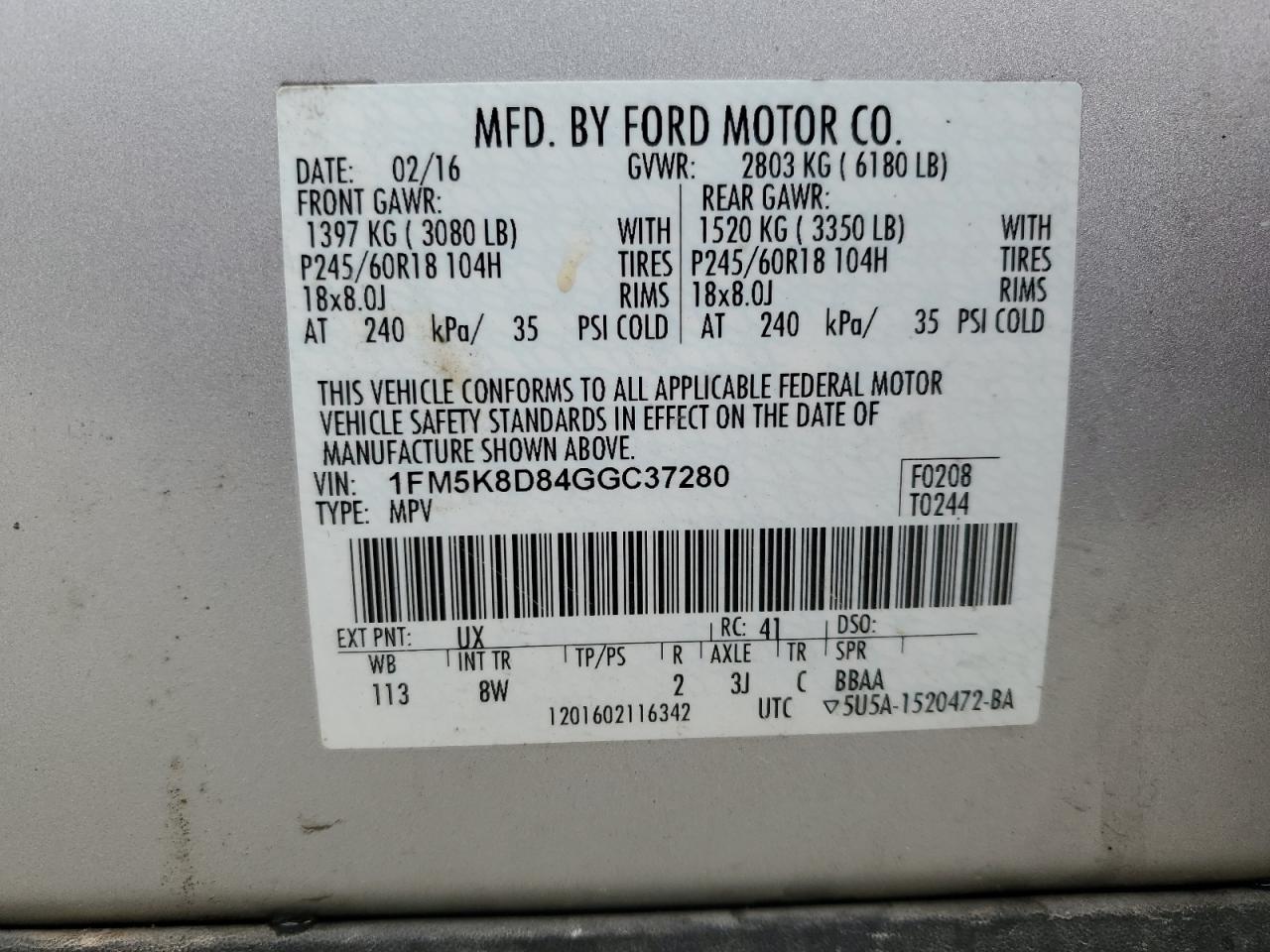 2016 Ford Explorer Xlt VIN: 1FM5K8D84GGC37280 Lot: 54837224