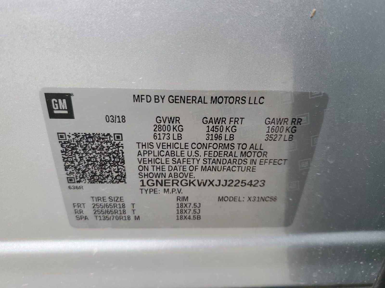 1GNERGKWXJJ225423 2018 Chevrolet Traverse Lt